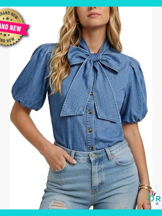 Tops - Denim Button Down Blouse Puff Sleeve Bow Tie Neck Business Casual Chic